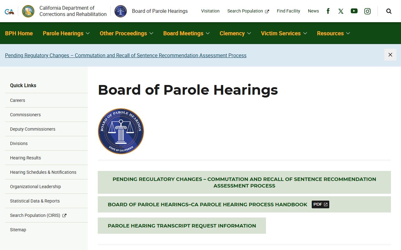 California Board of Parole Hearings page for parole suitability and review proceedings