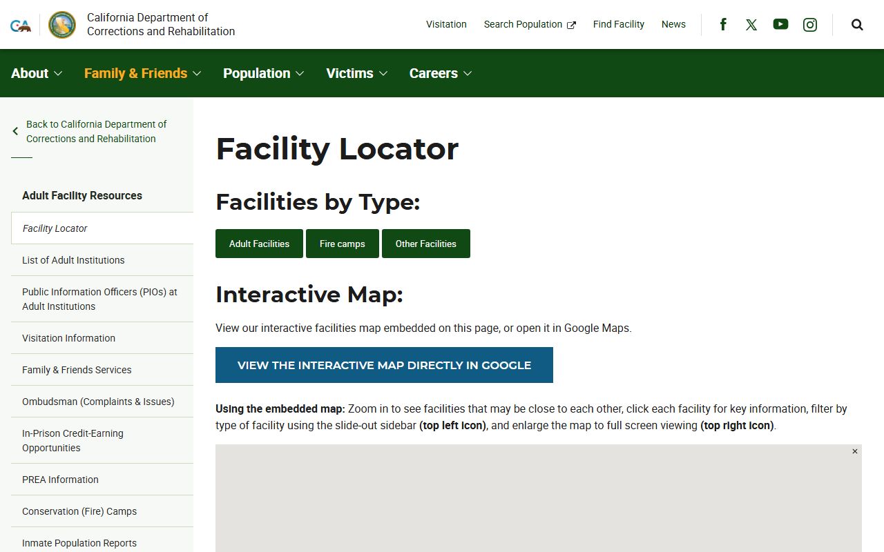 CDCR statewide facility locator for California prisons camps and parole locations