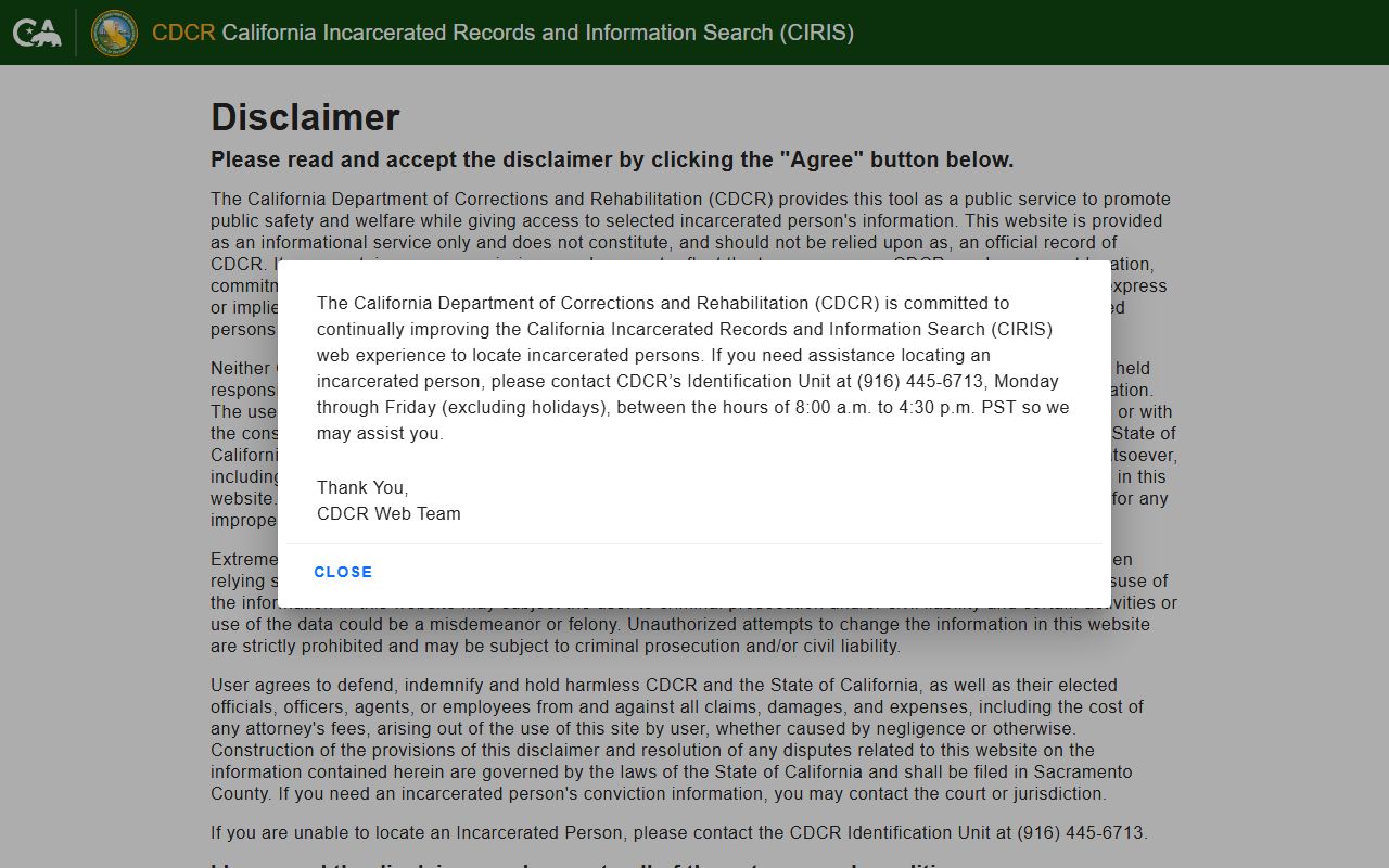 California CIRIS statewide incarcerated person search page