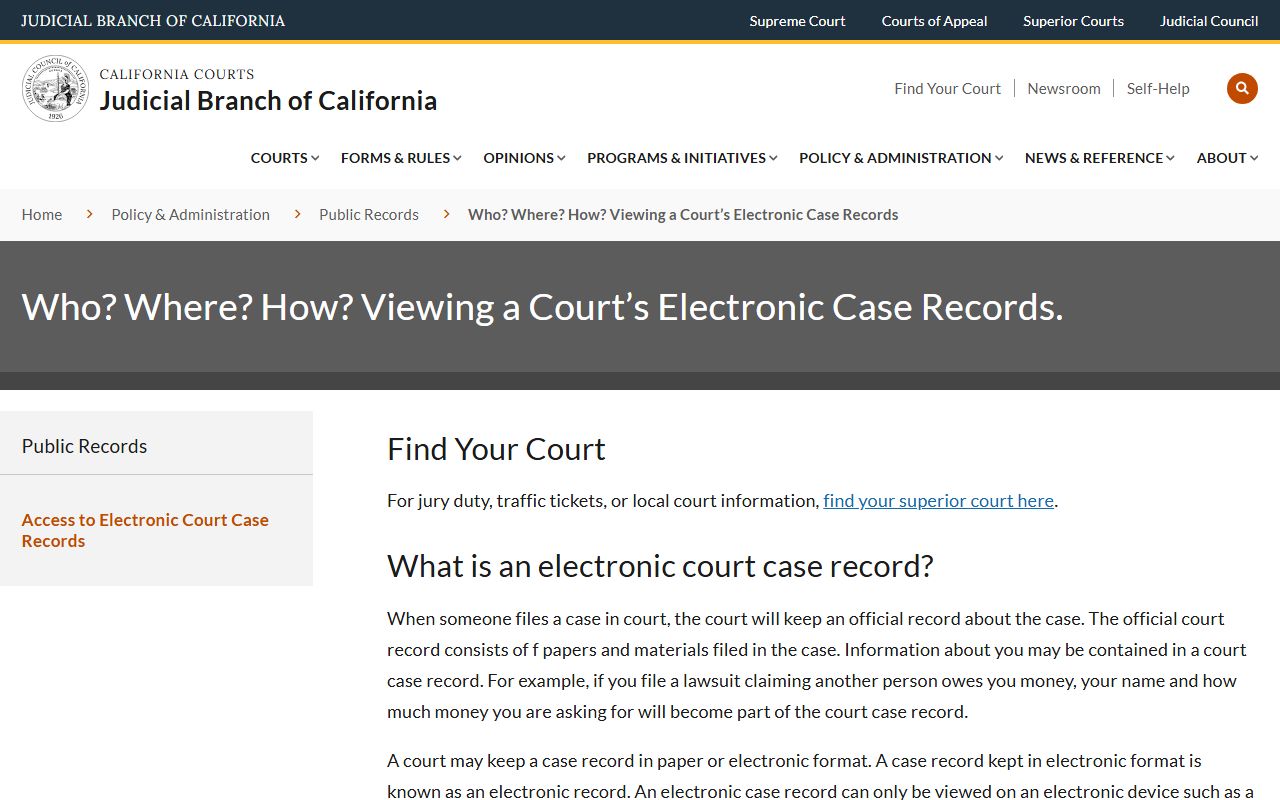 California Courts electronic case records guide explaining remote and courthouse access