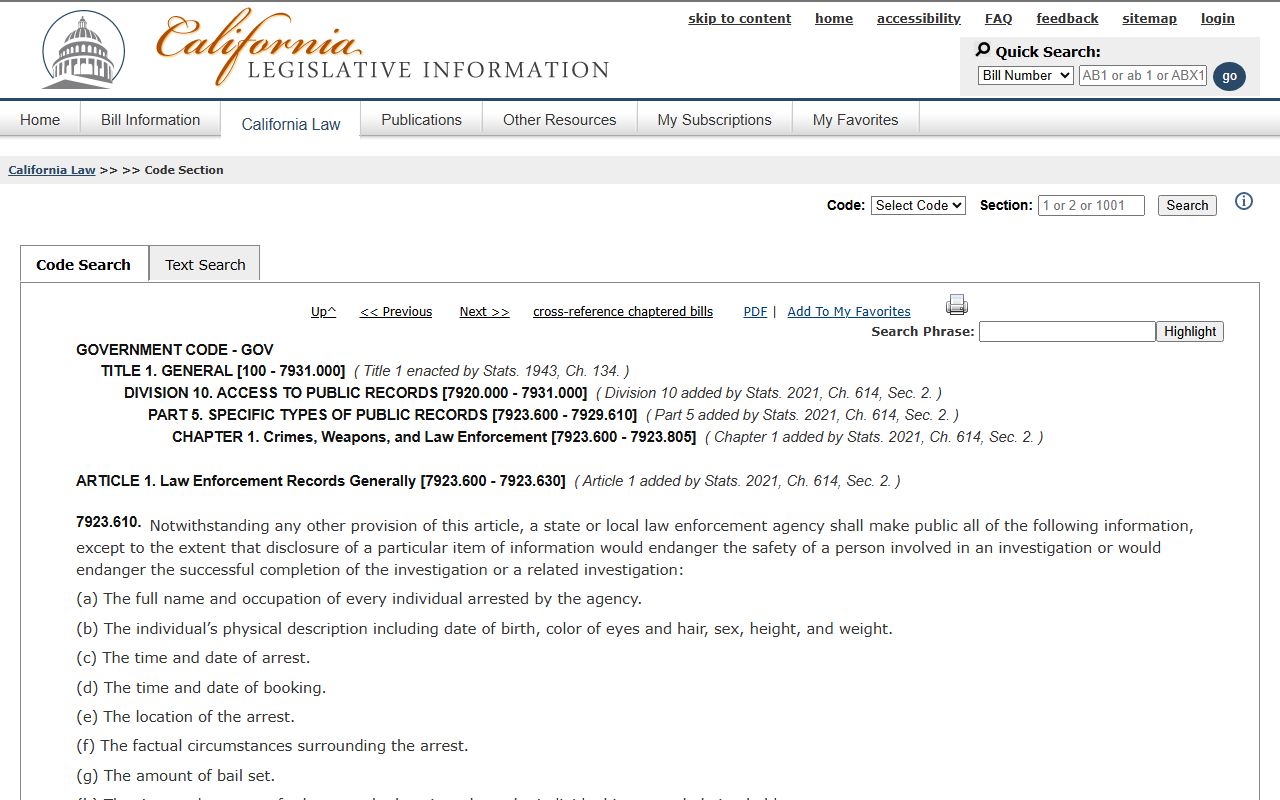 California Legislature page for Government Code section 7923.610 arrest-information disclosure