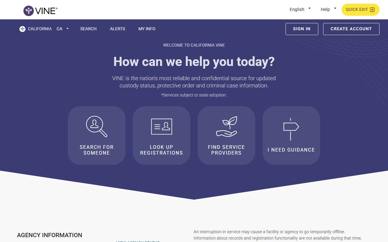 California VINE custody and case information notification portal