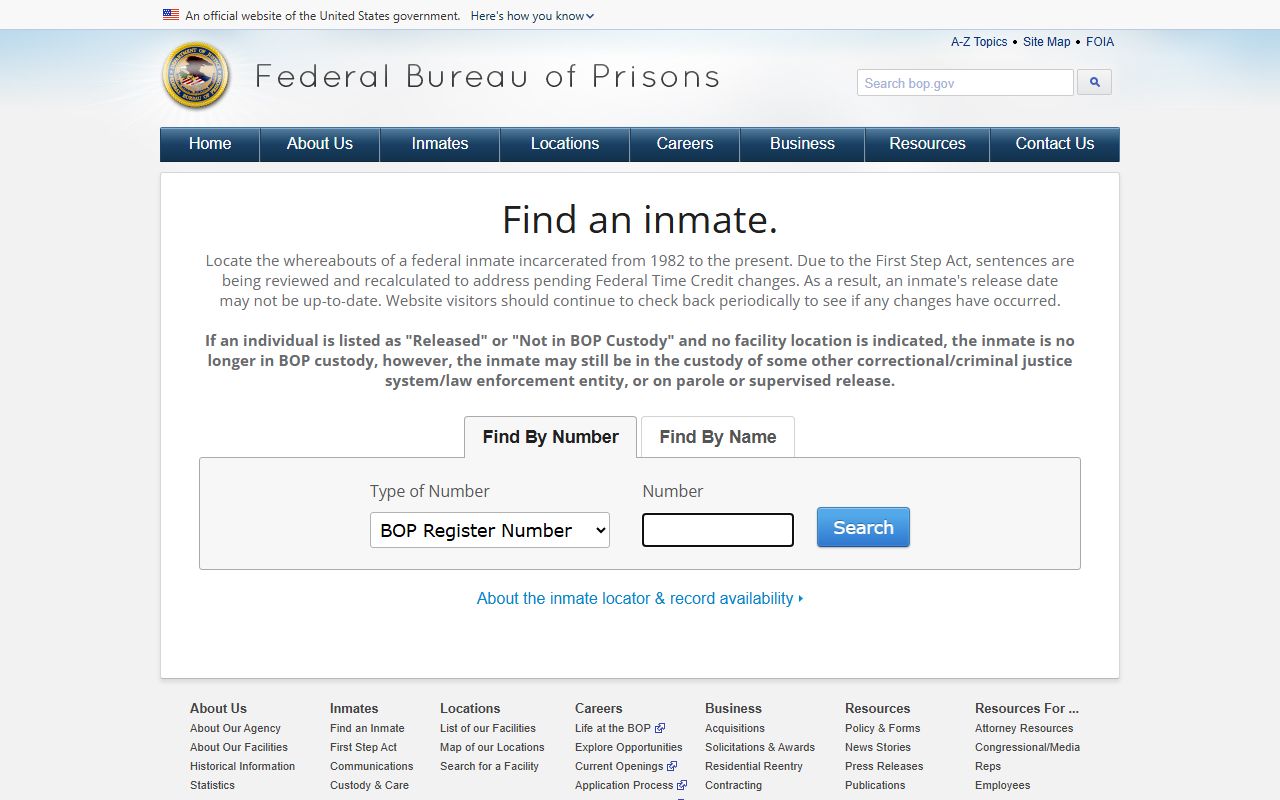 Federal Bureau of Prisons inmate locator used for California federal custody